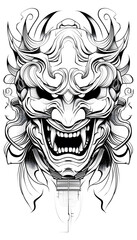 Obraz premium Tribal Kabuki Mask Tattoo black and white illustration