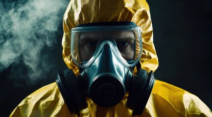 Gros plan d'un homme en combinaison jaune de protection pour des matières toxiques portant un masque à gaz sur fond sombre avec de la fumée.