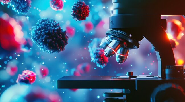 Un microscope perfectionn&eacute; en gros plan entour&eacute; de cellules flottant dans l'air en arri&egrave;re-plan. Concept de recherche scientifique et m&eacute;dicale.