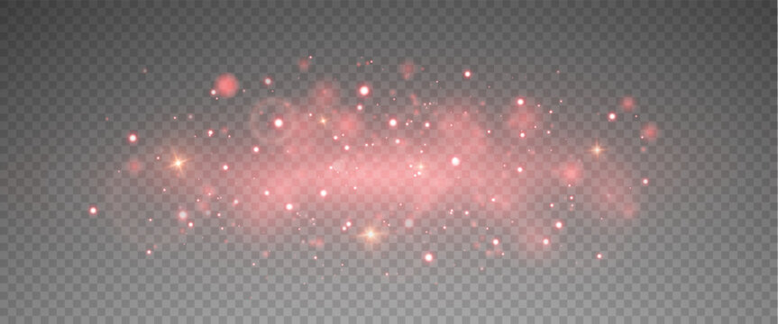 Christmas glowing bokeh confetti light and glitter texture overlay for your design. Festive sparkling red dust png. Holiday powder dust for cards, invitations, banners, advertising.