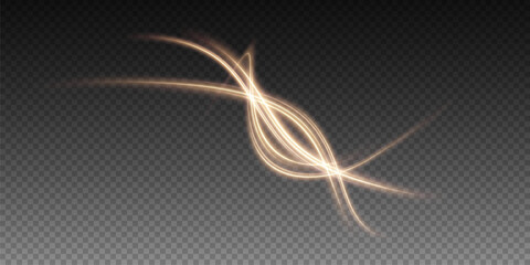 Vector png background with gold glowing lines. Gold glowing lines of speed. Light glow effect. Light trail wave, fire trail line and glow curve swirl.