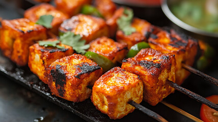 Delicious skewers of marinated tofu grilled to perfection, garnished with fresh herbs and served on an outdoor barbecue