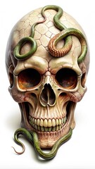 Fototapeta premium A skull with snake slithering through its eye sockets on a white background