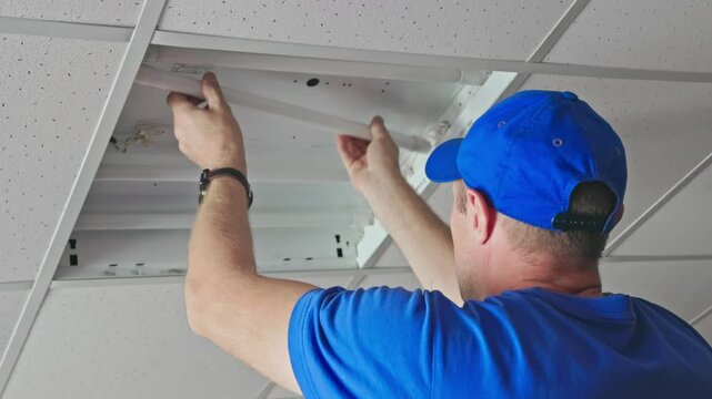 Video 4k. An electrician in a blue cap and shirt carefully removes a fluorescent lamp from a ceiling light fixture in an office, demonstrating the precision, attention to detail and professional skill