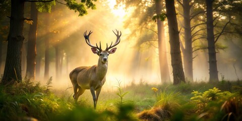 mystical foggy morning whitetail deer alone majestic forest clearing misty ambient warm golden light serene intimate connection with nature