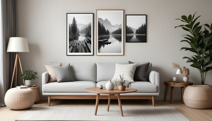 Interior mockup In a white room a blue sofa is placed next to a photo frame on the wall