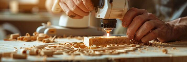 A skilled woodworker, using a miniature laser engraver to create intricate designs on a wooden block.