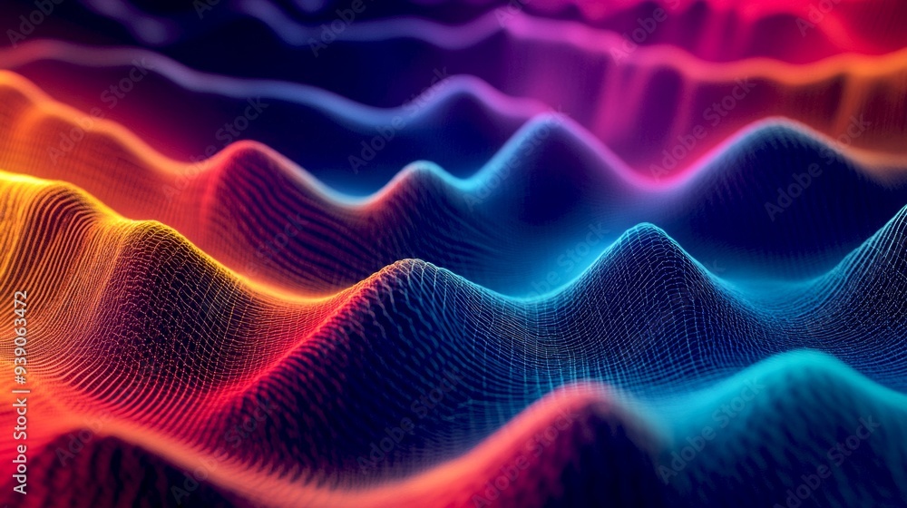 Poster vibrant abstract waves in neon colors create a mesmerizing visual effect. this digital art piece sho