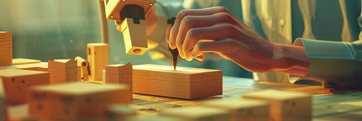 Fototapeta premium A skilled woodworker, using a miniature laser engraver to create intricate designs on a wooden block.