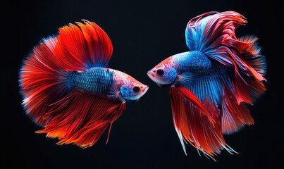 Fototapeta premium Beautiful movement of Fullmoon betta fish, Two Fancy Fullmoon Betta, The moving moment beautiful of Siamese Fighting fish, Betta splendens, Rhythmic of Betta fish isolated on black background