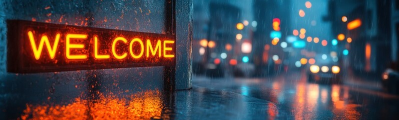 Sign that says welcome on a rainy street