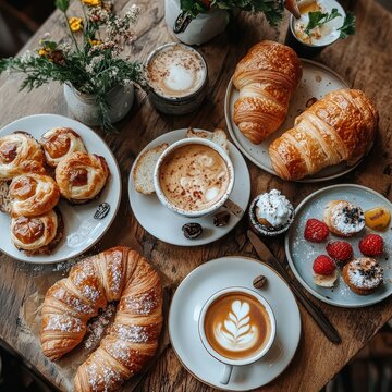 Petit d&eacute;jeuner fran&ccedil;ais, avec croissant, caf&eacute; et jus de fruit
