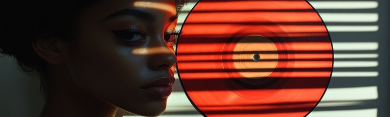 Woman that is looking through a window with a vinyl record, music cover , creative portrait