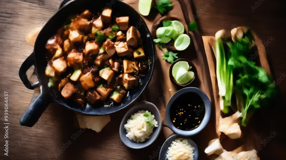 Canvas Prints  Delicious Asian stirfry meal with fresh ingredients on a wooden table