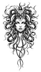 Tribal Medusa Tattoo black and white illustration