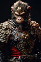  3D realistic of a monkey in armor, Monkey King Sun Wukong AI illustration, black background.