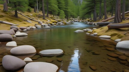 A serene mountain stream gently flows through a dense, emerald-green pine forest, its crystal-clear waters reflecting the dappled sunlight filtering through the canopy above, with smooth, weathered ro