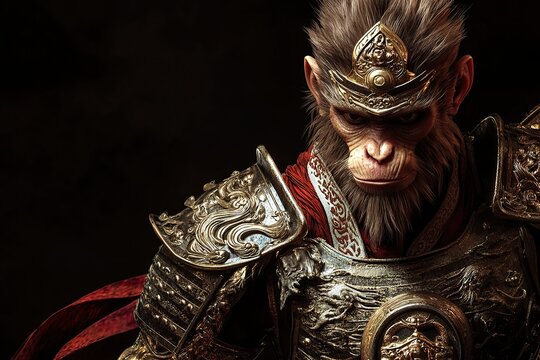  3D realistic of a monkey in armor, Monkey King Sun Wukong AI illustration, black background.