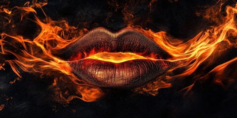 Les l&egrave;vres enflamm&eacute;es d'une femme noire, passion, amour et sensualit&eacute; sur fond sombre.