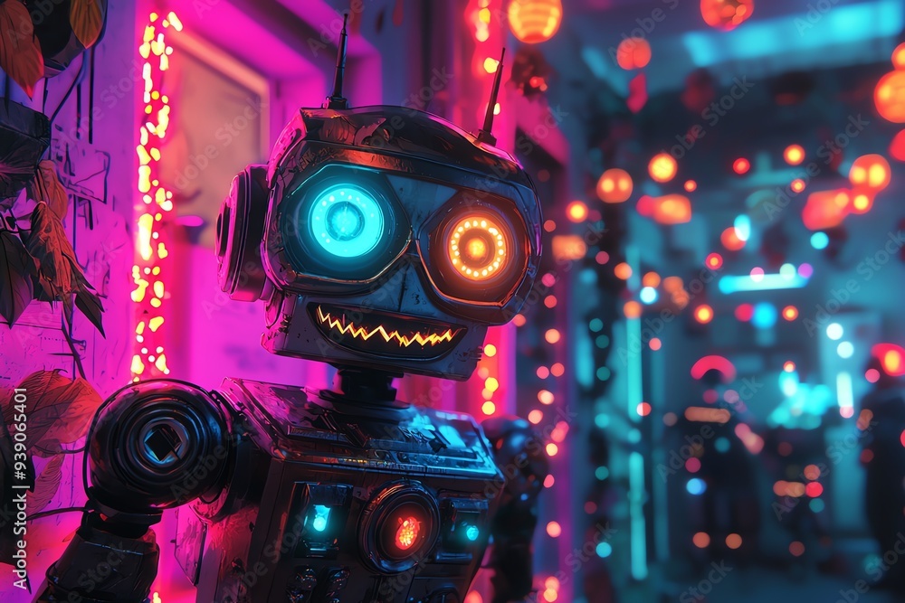 Aufkleber a vibrant robot with colorful lights, set against a backdrop of glowing lanterns and a futuristic at