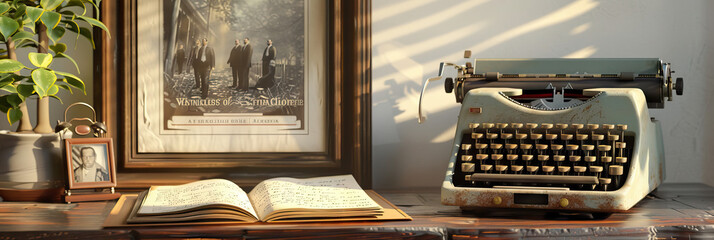 A spiral-bound notebook filled with meticulous handwriting, sitting next to an aged typewriter and a framed photograph of a historical event.