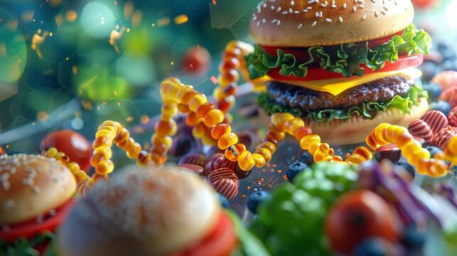 Junk Food Gene or fat mass and obesity associated genetics or FTO as a Fast-food concept with a DNA strand representing genetics and unhealthy eating, AI Generative