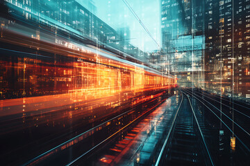 Fototapeta premium Abstract digital background depicting a train in motion, highlighting the speed and dynamic energy of modern transportation