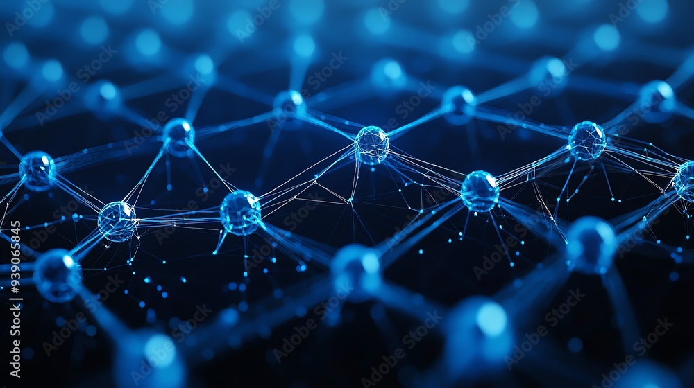 Poster abstract digital network with interconnected blue nodes representing technology, data, and communica