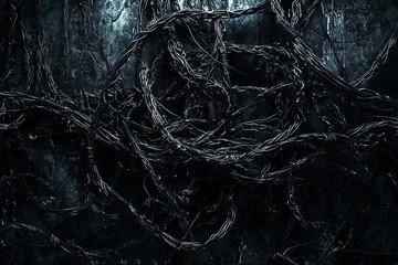 Abstract composition of dark tangled wires on a textured surface, creating a moody and mysterious atmosphere.
