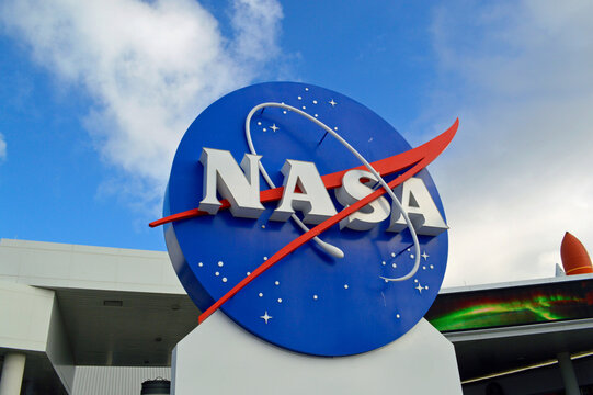 Kennedy Space Center, Florida, USA: National Aeronautics and Space Administration sign at the entrance