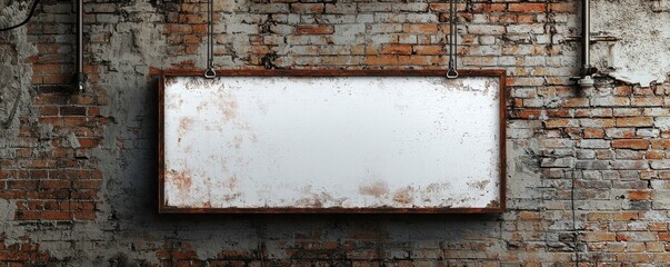 Naklejka premium A blank hanging signboard is displayed on a textured brick wall storefront, perfect for showcasing industrial-style branding or store signage in a weathered urban setting.