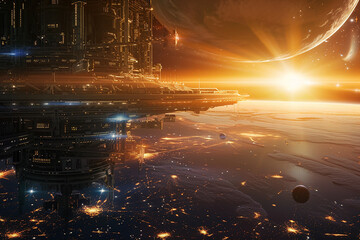 Futuristic Space Station Orbiting a Distant Planet