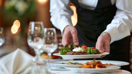A close-up of a waiter's hands setting a plate of food on a table