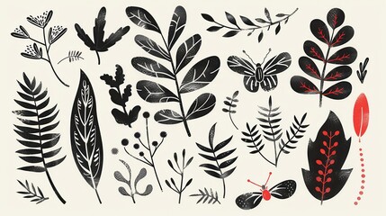 abstract black and red butterfly linocut set .botanical plant and organic elements