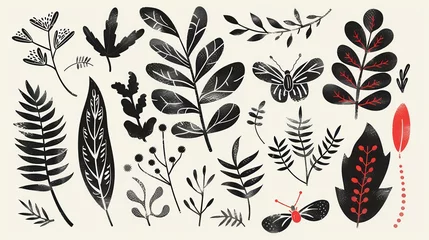 Foto auf Acrylglas Schmetterlinge im Grunge abstract black and red butterfly linocut set .botanical plant and organic elements  © Maciej