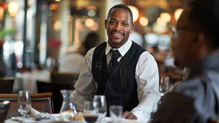 A waiter standing by a table, attentively listening to a customerâs request