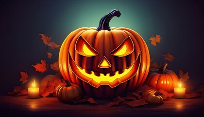 Fototapeta premium Halloween, pumpkin, carved, Jack-o'-lantern, glowing, eerie, candlelight, spooky, dark night, scary atmosphere
