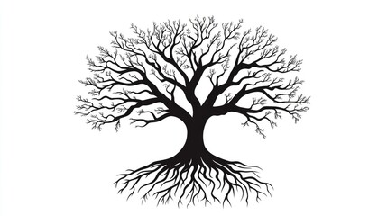 Elegant black tree silhouette with detailed roots, vector illustration on a white background, representing deep connections and growth.