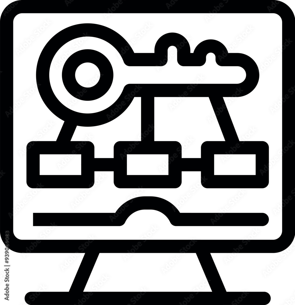 Poster computer screen displaying a key unlocking a chain of data blocks, symbolizing data encryption and s