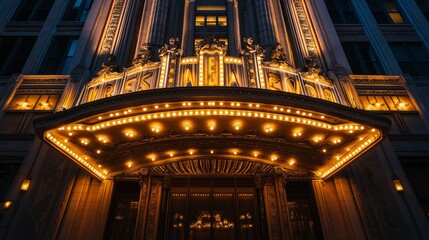 Obraz premium A grand theater marquee with bold, illuminated by bright lights