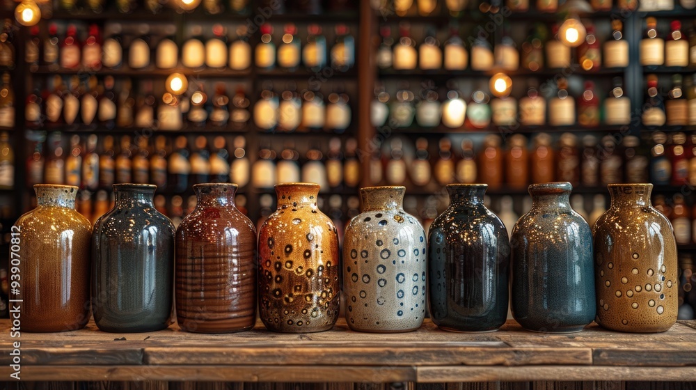Poster a row of seven ceramic bottles with different patterns and colors on a wooden table.