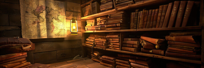 The Hidden Chamber of Mystery: A secret room, lit by a single lantern, filled with leather-bound journals, an old world map, and strange artifacts.