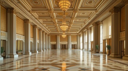 Obraz premium A grand ballroom with a polished marble floor, towering columns