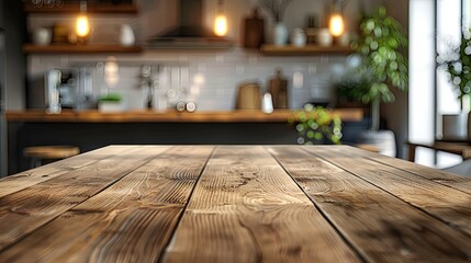 Fototapeta premium Empty kitchen table top with space for products or decor and blurred furniture background