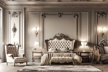 Classic bedroom furniture in classic interior.Walls with mouldings,ornated cornice