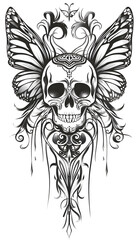 Obraz premium Tribal Skull and Butterfly Wings Tattoo black and white illustration