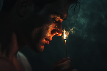 Fototapeta premium A burning match alongside a man, symbolizing the fragile nature of patience and self-control