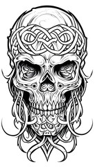 Tribal Skull and Celtic Knot Tattoo black and white illustration