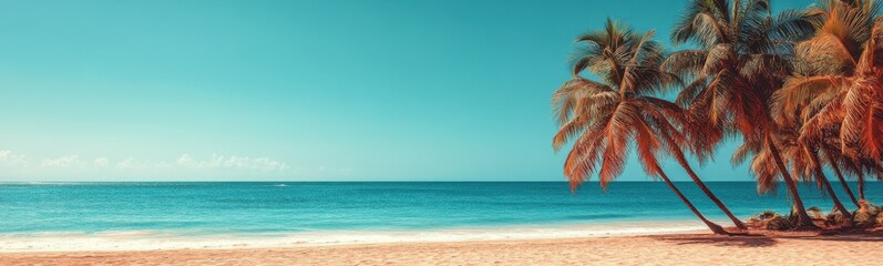 Many palm trees on the beach near the ocean, travel concept, banner, copy space