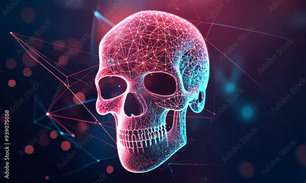 Poster abstract skull shape with red and blue lines and bokeh.